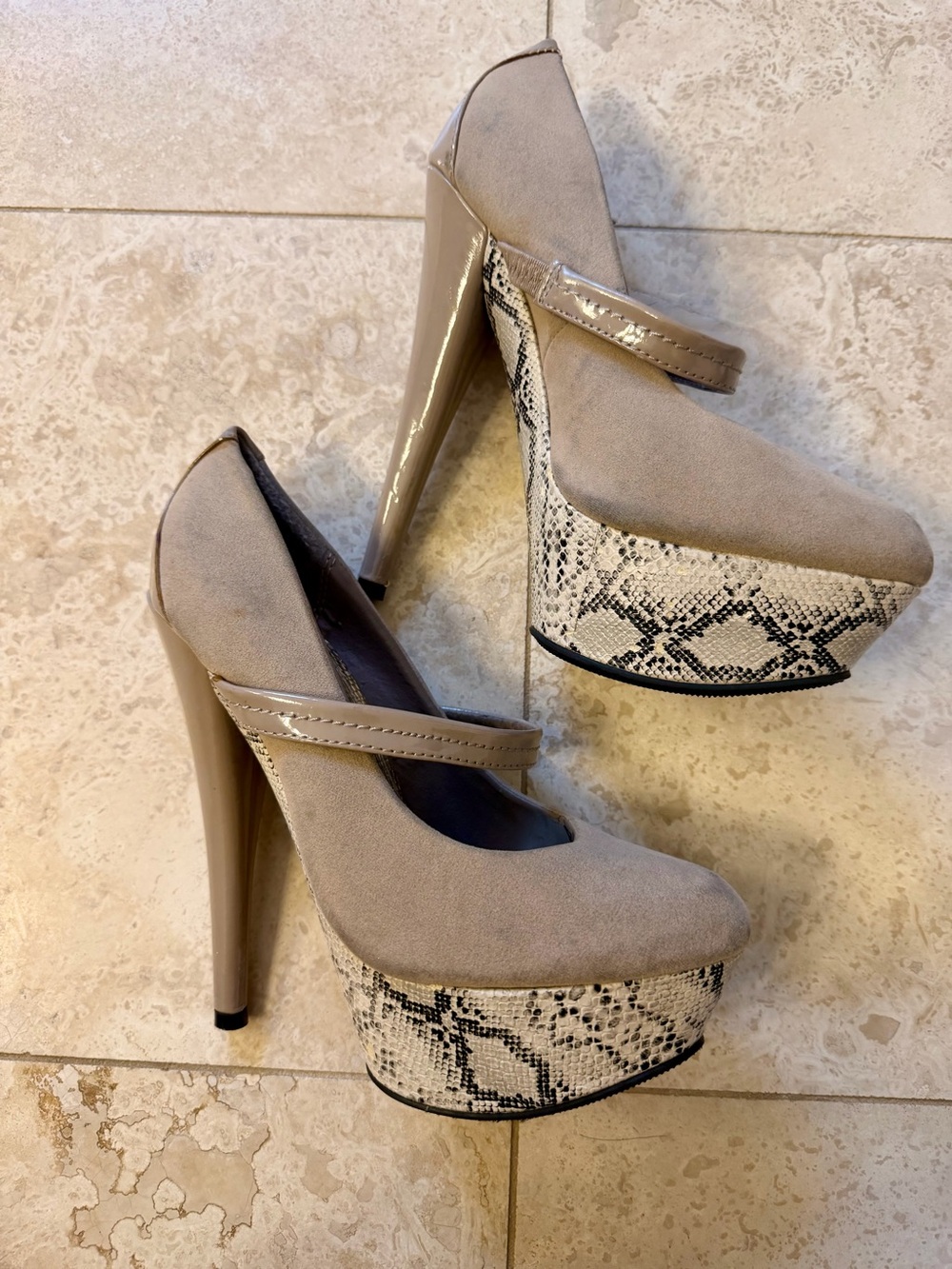 Beige Platform Mary Jane Heels with Snake-Print Platform